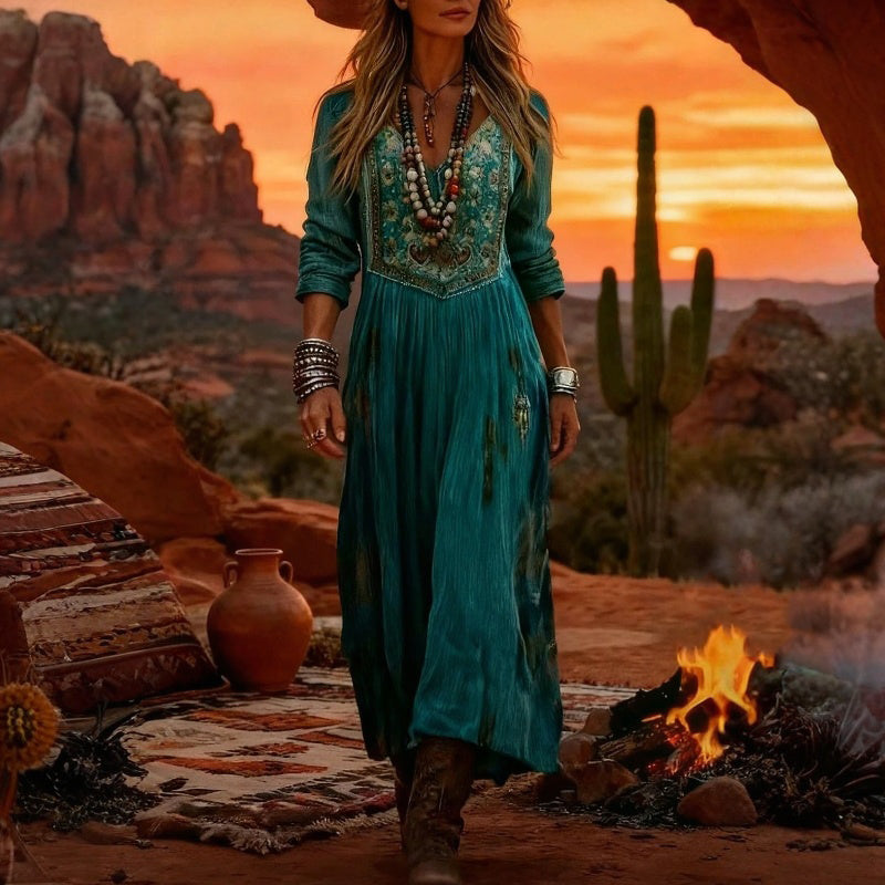 Vintage Šaty S Květinovým Potiskem a Dlouhými Rukávy