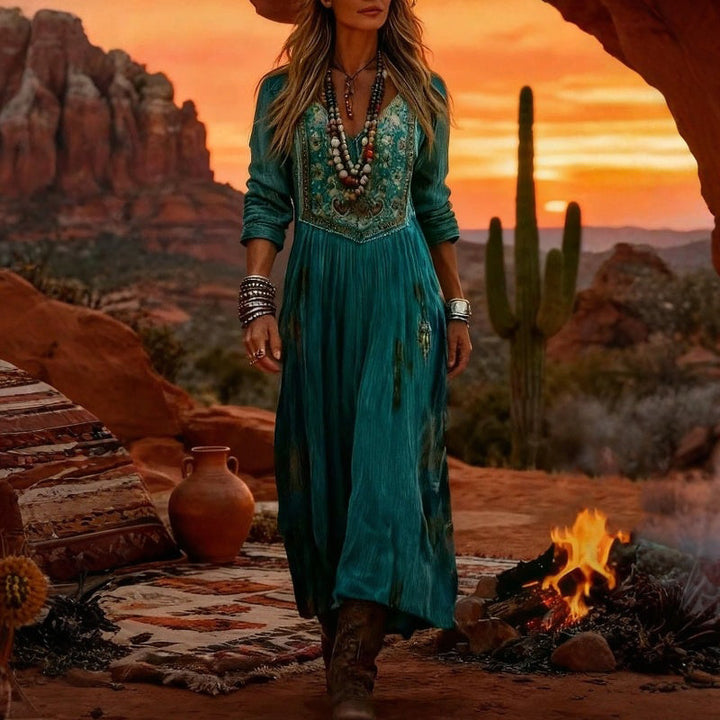 Vintage Šaty S Květinovým Potiskem a Dlouhými Rukávy