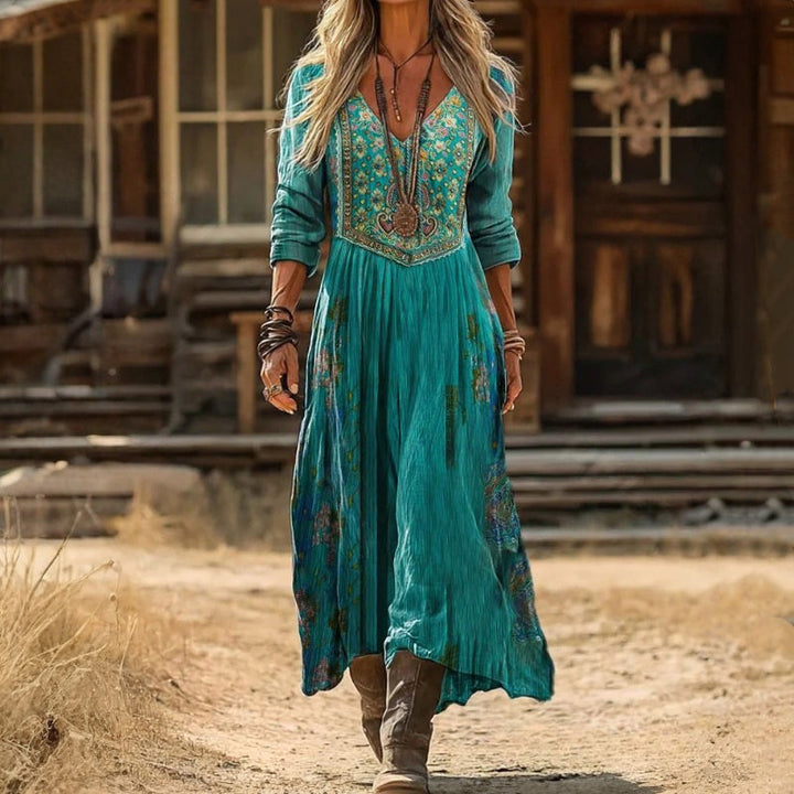 Vintage Šaty S Květinovým Potiskem a Dlouhými Rukávy